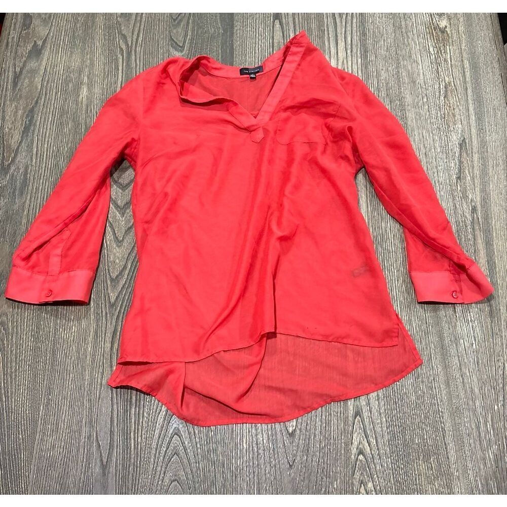 The Limited Womens Long-Sleeve V-Neck Popover Blouse Pullover Coral Pink Size M